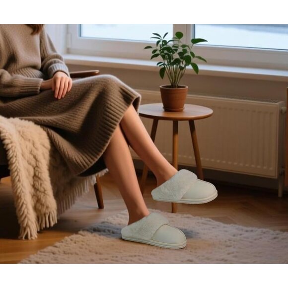 ⚡Women Cream Suede Fluff Dual Memory Foam Arch Support Warm Scuff Slipper - Picture 2 of 6